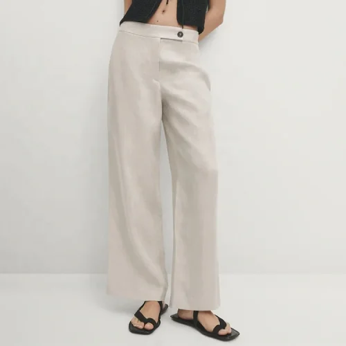 High Quality Fashion Lady Casual Loose Plus Size Wide Leg Pants Women High Waist Elegant Formal Pure Linen Trousers