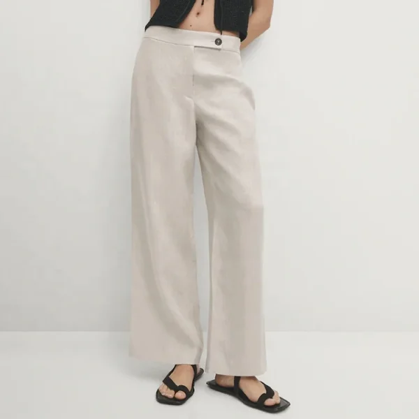 High Quality Fashion Lady Casual Loose Plus Size Wide Leg Pants Women High Waist Elegant Formal Pure Linen Trousers