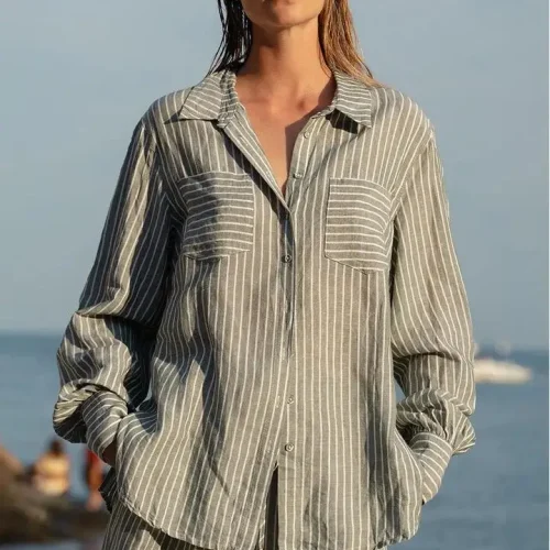 Trendy Women Striped Long Sleeve Shirt Loose Chic Daily Wear Hot Selling Fast Blouse