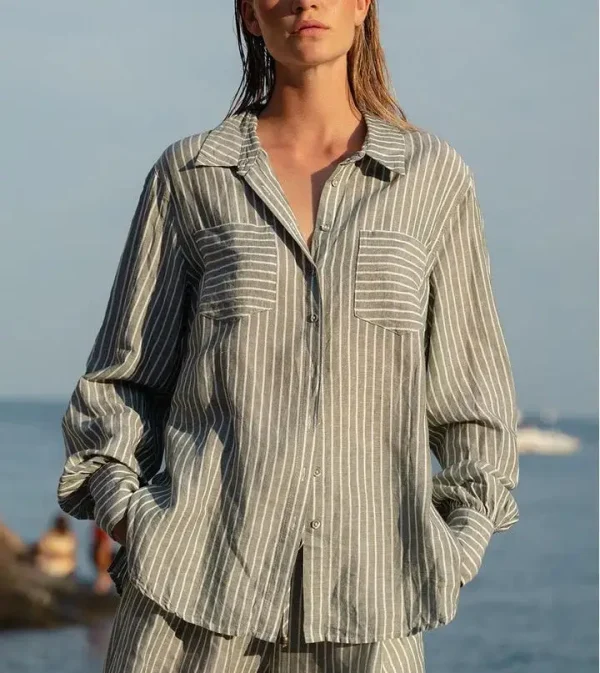 Trendy Women Striped Long Sleeve Shirt Loose Chic Daily Wear Hot Selling Fast Blouse