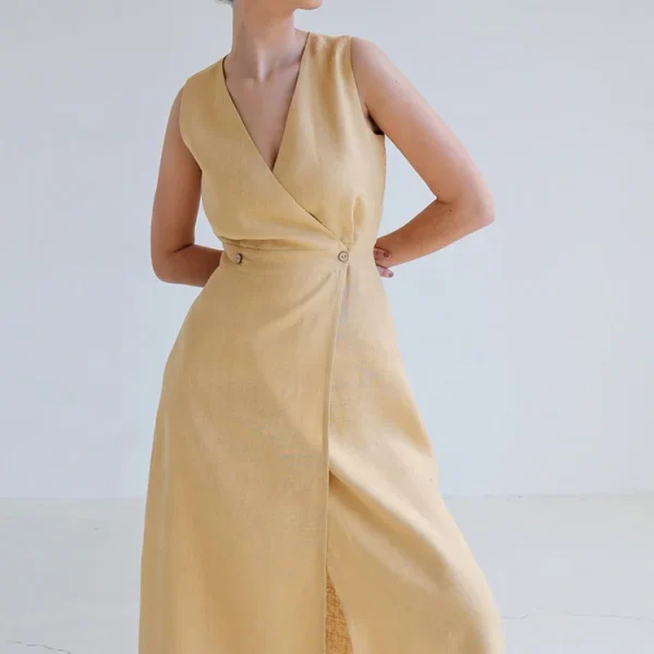 Eco Friendly Sleeveless Button Maxi Ladies Cotton Linen Blend Dress Summer Elegant Elastic Waist Women Dresses - Image 4