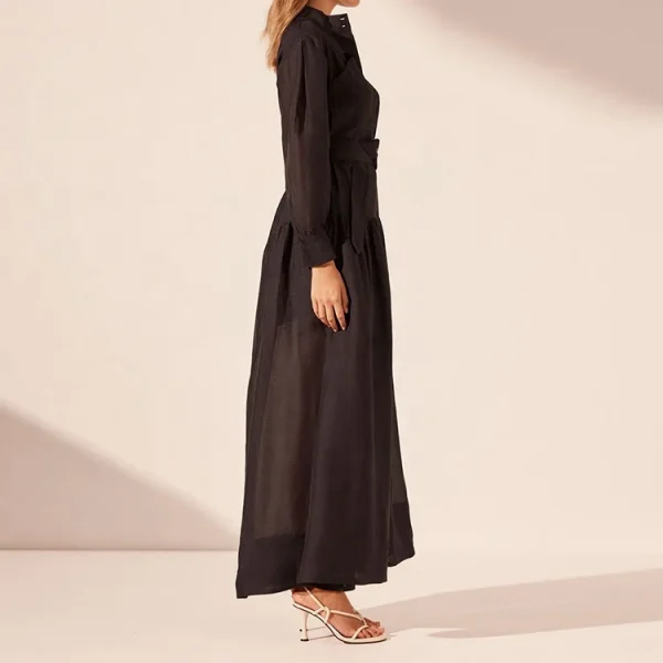 Elegant Stand Collar Women Belt Button up Long Shirt Dress Vintage Long Sleeve Casual Linen Maxi Dresses - Image 4