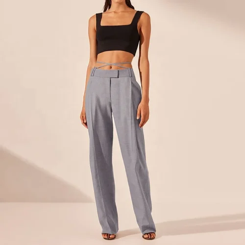 High Quality Casual Loose Straight High Waist Wide Leg Pants Women 100% Cotton Linen Office Lady Formal Trousers