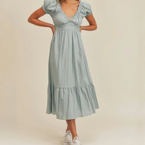 Cotton Linen Dress Ladies Short Sleeve Puff Sleeve Deep V-Neck Elegant Summer Dress Casual Midi Dress