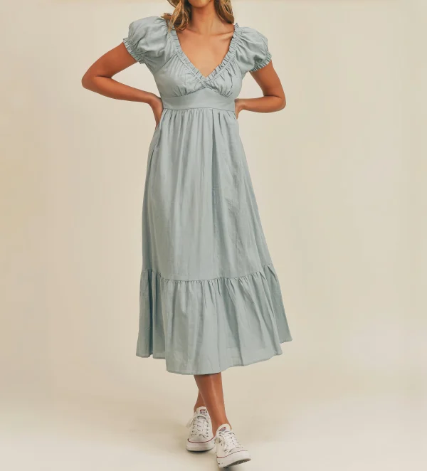 Cotton Linen Dress Ladies Short Sleeve Puff Sleeve Deep V-Neck Elegant Summer Dress Casual Midi Dress