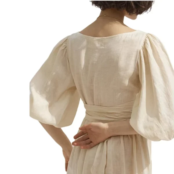 Casual Elegant Fashion Plain High Waist Deep V-Neck Half Sleeve Bandaged Women Long Linen Dress - Image 4
