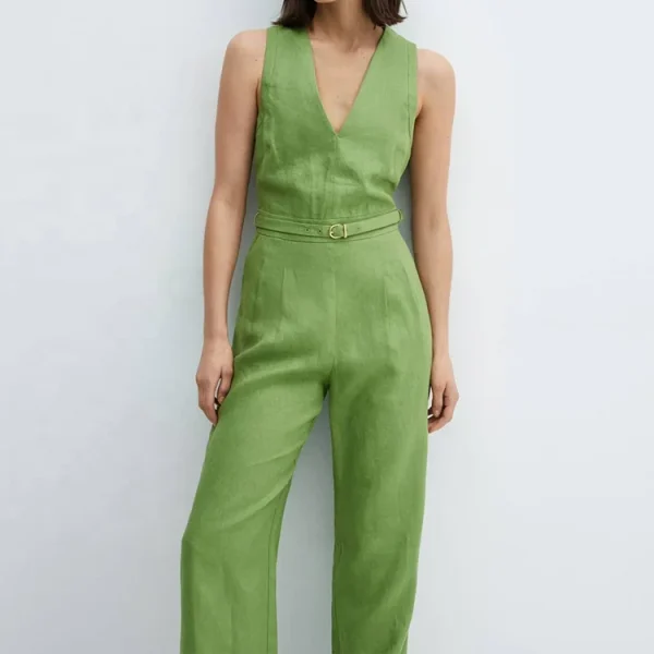 American Style V Neck Blank Jumpsuit Women Casual Long Pants One-piece Wide-leg Cotton Linen Jumpsuit - Image 3