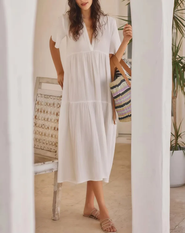 Design Short Sleeves V-neck Summer Casual Dresses Women Midi Dress Fashion Loose Fit White Ladies 100%Linen Dress - Image 4