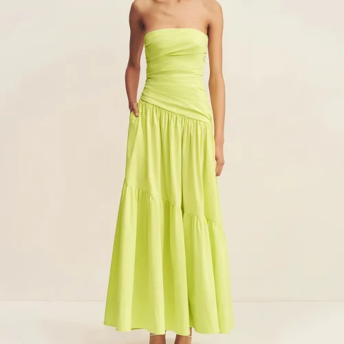 Cotton Linen A-Line Strapless Solid Color Tiered Draped Bodice With Side Tucks Maxi 100%Linen Dress