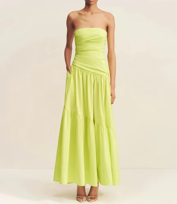 Cotton Linen A-Line Strapless Solid Color Tiered Draped Bodice With Side Tucks Maxi 100%Linen Dress