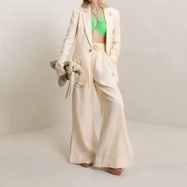 New Arrivals Linen Drawstring Waist Wide Leg Ankles Slits Trouser Women Jackets Suit - Image 4