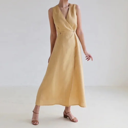 Eco Friendly Sleeveless Button Maxi Ladies Cotton Linen Blend Dress Summer Elegant Elastic Waist Women Dresses
