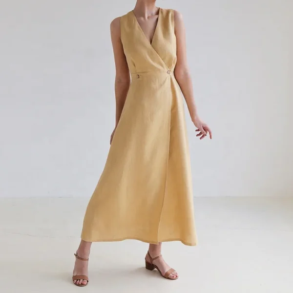 Eco Friendly Sleeveless Button Maxi Ladies Cotton Linen Blend Dress Summer Elegant Elastic Waist Women Dresses