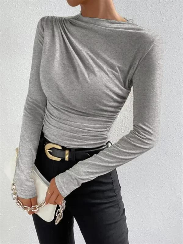 Women Long Sleeve T-shirt Solid Color Seamless Long Sleeve T-shirt Slime Bottoming Shirt - Image 2