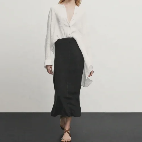 Simple Women’s Skirt Summer High Waist Pure Cotton Linen Black Slimming Skirts for Women