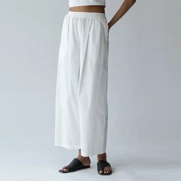 Eco Friendly Womens Pleated Flax Pants 100% Cotton Linen High Elastic Waist Casual Loose Wide Leg Trousers With Pockets - Image 4