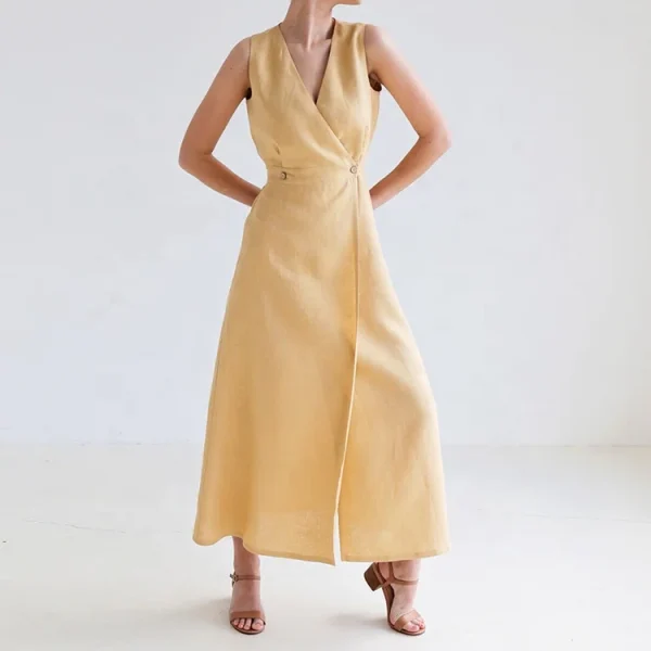 Eco Friendly Sleeveless Button Maxi Ladies Cotton Linen Blend Dress Summer Elegant Elastic Waist Women Dresses - Image 2