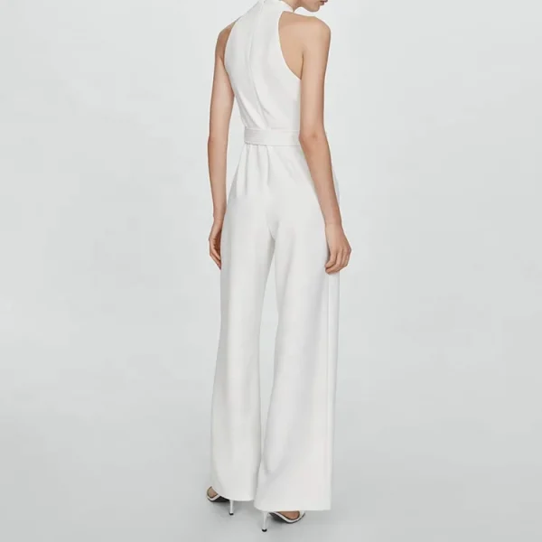 Summer High Quality Women Linen Clothing Sleeveless Halter White Casual Jumpsuit Belt Loose Straight Linen Cotton Bodysuits - Image 3