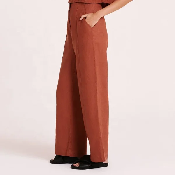 High Quality 100% Cotton Linen Trousers With Side Pockets Casual Loose Straight Wide-leg Pants for Women - Image 3