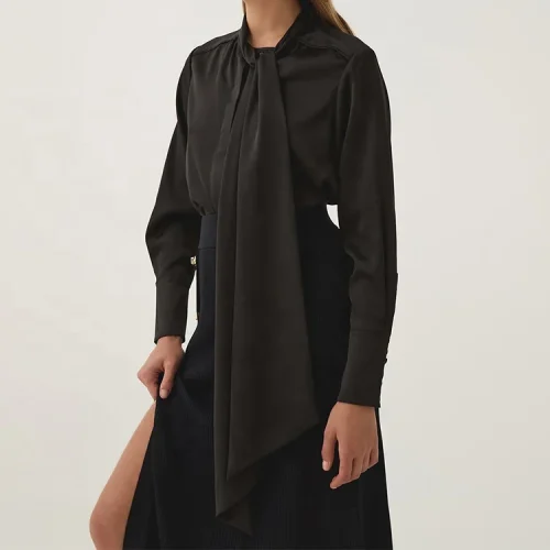 Women Long Sleeve Cotton Linen Formal Shirts Bow Solid Color Single Breasted Button Blouse Tops High Quality Shirt