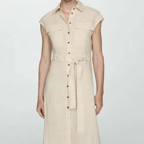 Clothing Women’s Shirt Collar Sleeveless Single Breasted Temperament Long Dress 100% Cotton Linen Maxi Dresses