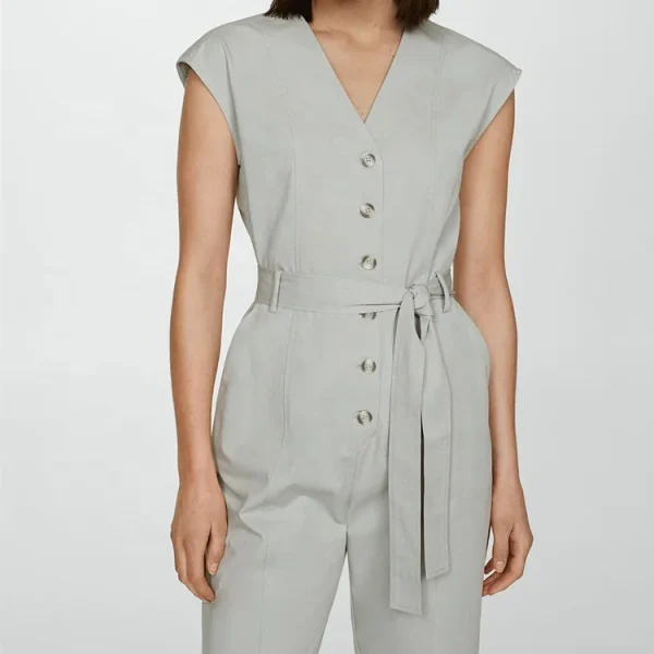 High Quality Summer Elegant Ladies Button Cotton Linen Jumpsuit for Women Sleeveless Bodysuit With Belt - Image 3