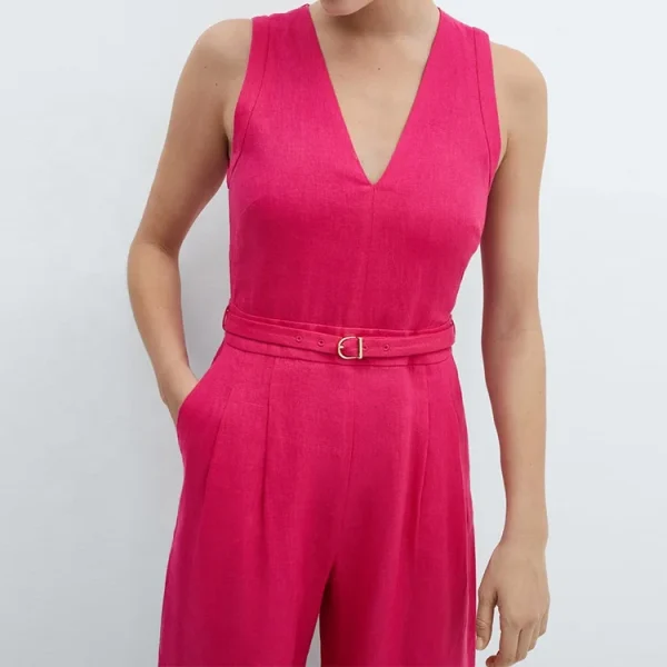 High Quality Women's Linen Sleeveless V-Neck Jumpsuit Flax Cotton Casual Solid Playsuits - Image 3
