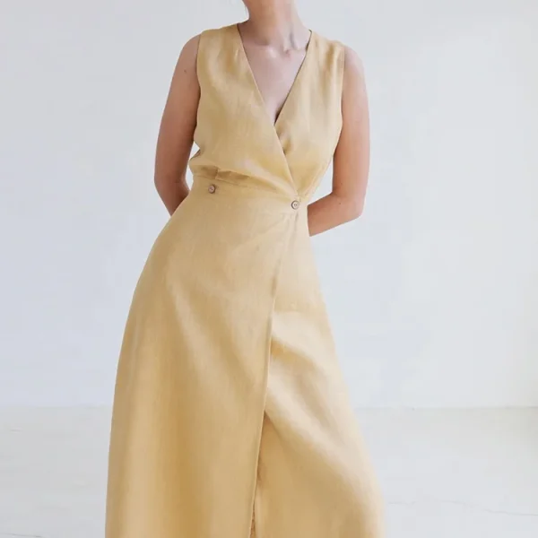 Eco Friendly Sleeveless Button Maxi Ladies Cotton Linen Blend Dress Summer Elegant Elastic Waist Women Dresses - Image 5