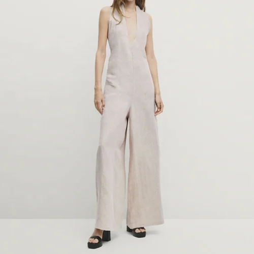 New Design Products Lady Straight Cotton Linen Blend Playsuits Pants for Women Sexy Deep v Neck Jumpsuits