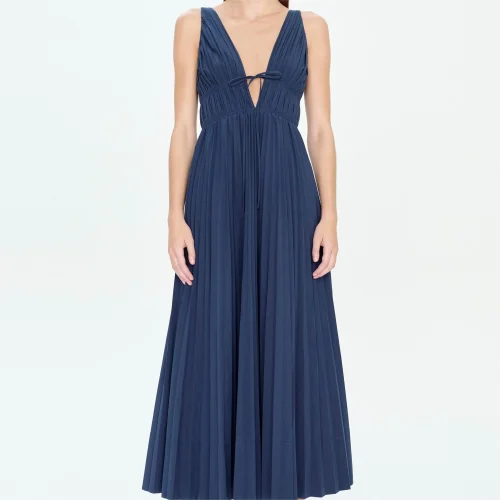 Elegant Midi Length Pleated Slip Dress A-line Skirt V- Neck Cotton Linen Straps Dress