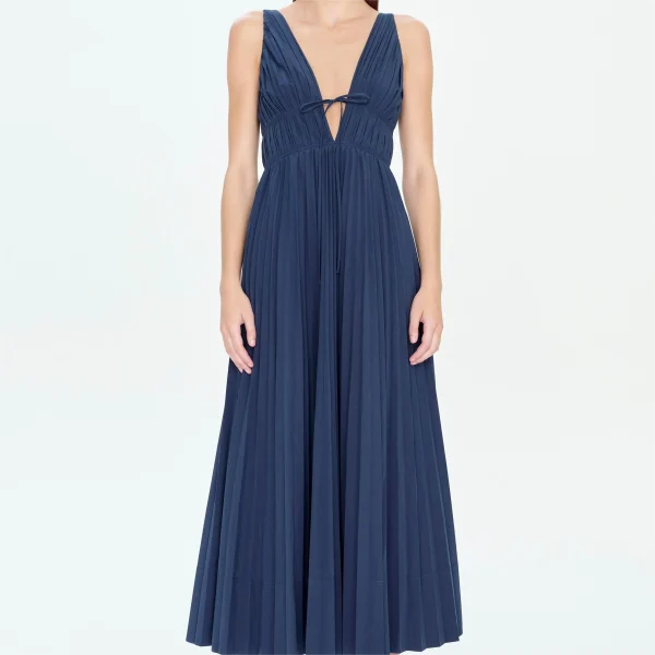 Elegant Midi Length Pleated Slip Dress A-line Skirt V- Neck Cotton Linen Straps Dress