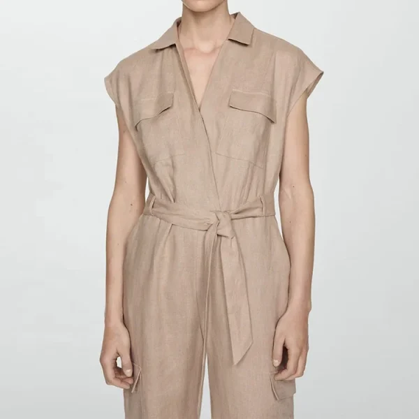 Hot Selling Summer Clothes for Women Linen Jumpsuits V-neck Sleeveless Wide Leg Fashion Loose Plus Size Jumpsuits With Belt - Image 4