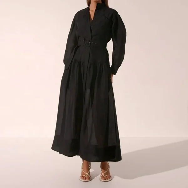 Elegant Stand Collar Women Belt Button up Long Shirt Dress Vintage Long Sleeve Casual Linen Maxi Dresses - Image 2