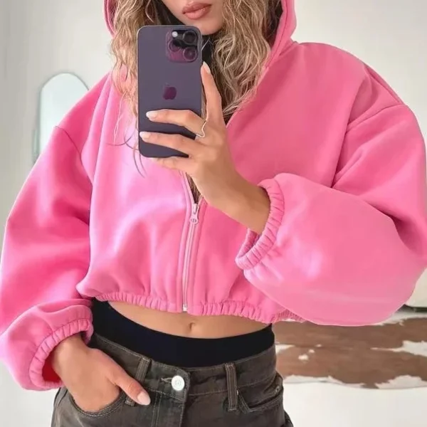 New Women's Casual Dropped Shoulders Short Cropped Navel Zipper Elastic Hem Hoodie Oversize Long-sleeved Sweatshirt - Image 5