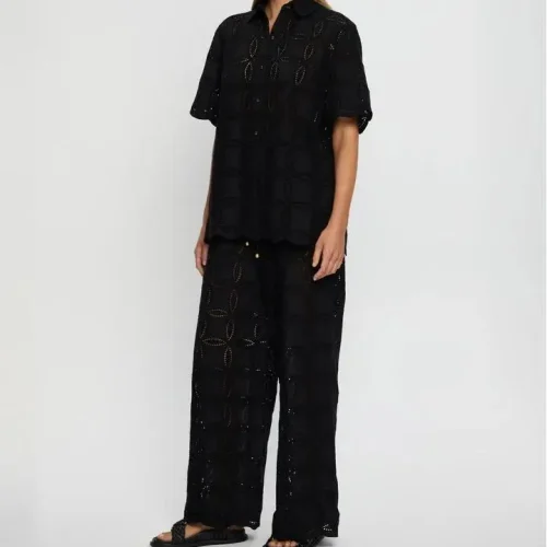 New Arrival Women Black Hollow Short Sleeve Shirt Stylish Casual Vacation Chic Blouse