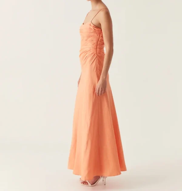 Draped Cotton Linen Women Long Dress Spaghetti Straps Slim Fit Maxi Dress - Image 4