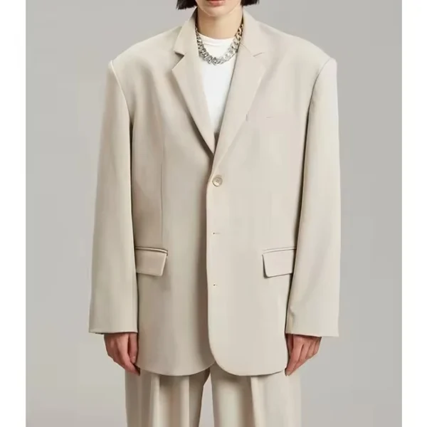 Women Jacket Beige Mid Weight Suiting Oversized Silhouette Padded Shoulders Flap Front Pockets Button Front Oversized Fit blazer - Image 3