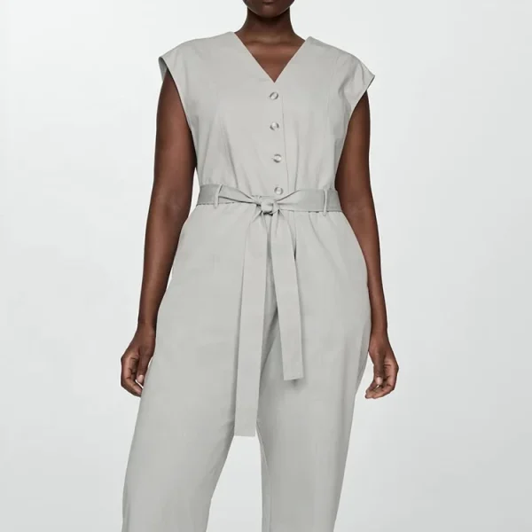 High Quality Summer Elegant Ladies Button Cotton Linen Jumpsuit for Women Sleeveless Bodysuit With Belt - Image 6