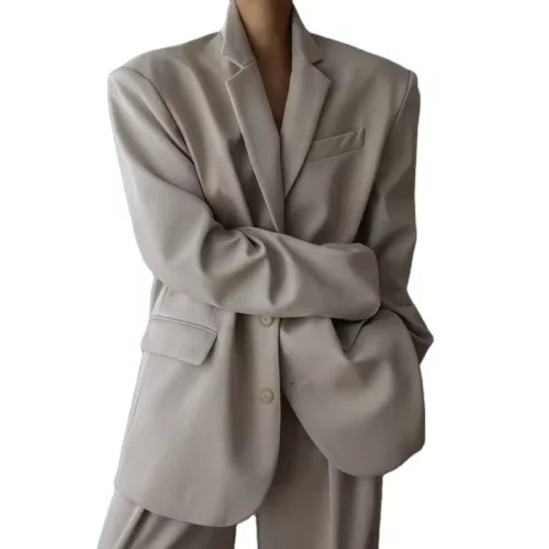 Women Jacket Beige Mid Weight Suiting Oversized Silhouette Padded Shoulders Flap Front Pockets Button Front Oversized Fit blazer