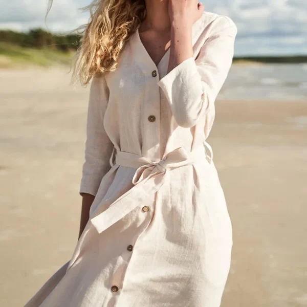 Cotton and Linen Maxi Dress Elegant Single-breasted v Neck Three-quarter Sleeves Flax Dresses - Image 2