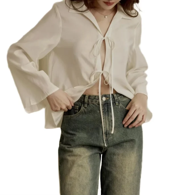 Rice White Loose Lace-Up Shirt Wide Sleeve Design Casual Long Sleeve Shirt Hot Shirt Top - Image 3