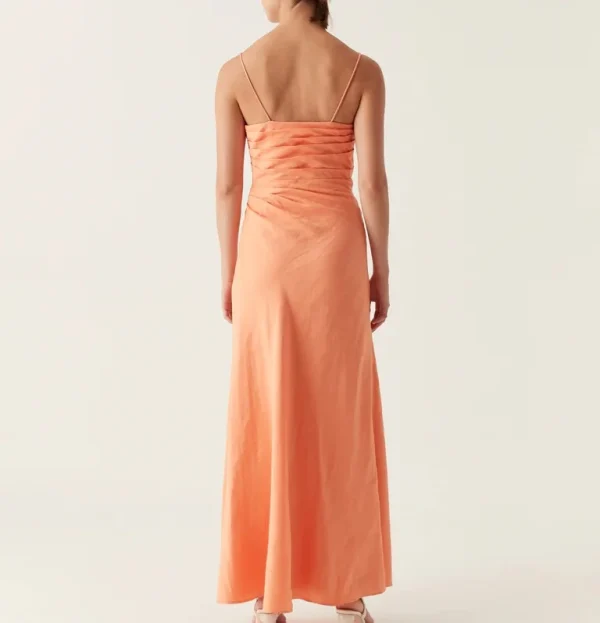 Draped Cotton Linen Women Long Dress Spaghetti Straps Slim Fit Maxi Dress - Image 5