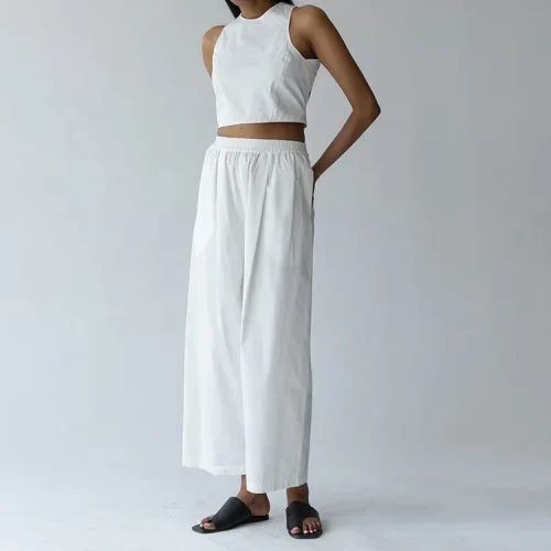 Eco Friendly Womens Pleated Flax Pants 100% Cotton Linen High Elastic Waist Casual Loose Wide Leg Trousers With Pockets