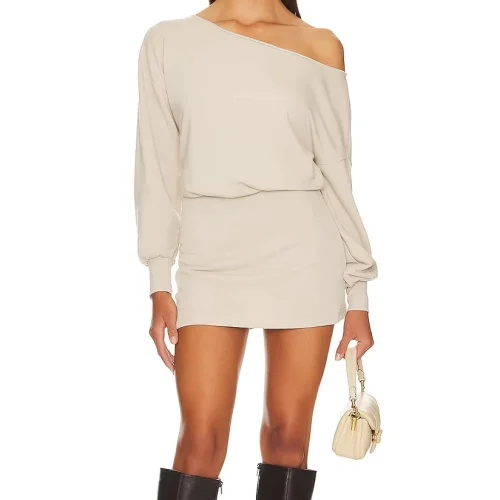 Cotton Material Long Sleeve Women’s Dress With Strapless Design in Cinched Cuffs and Waist Autumn Women Dress