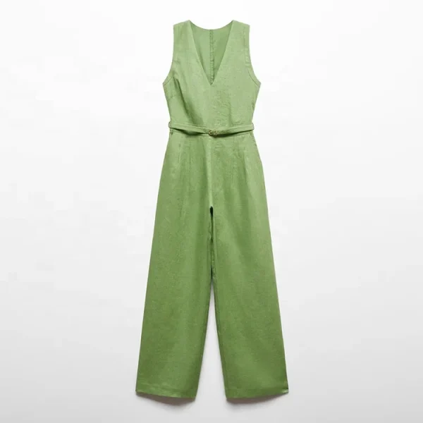 American Style V Neck Blank Jumpsuit Women Casual Long Pants One-piece Wide-leg Cotton Linen Jumpsuit - Image 5