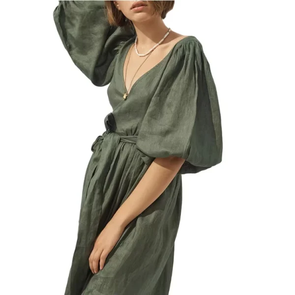 Casual Elegant Fashion Plain High Waist Deep V-Neck Half Sleeve Bandaged Women Long Linen Dress - Image 2