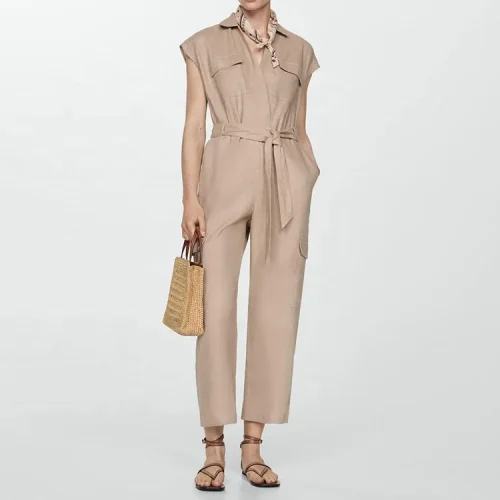 Hot Selling Summer Clothes for Women Linen Jumpsuits V-neck Sleeveless Wide Leg Fashion Loose Plus Size Jumpsuits With Belt