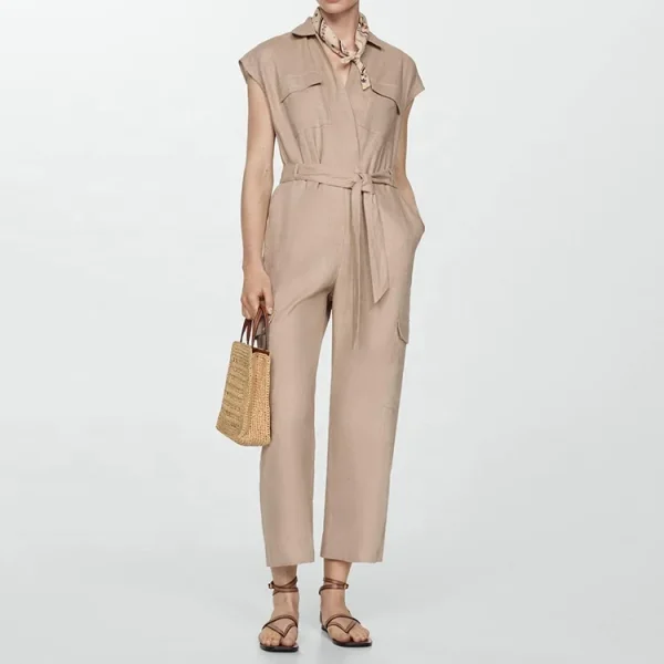 Hot Selling Summer Clothes for Women Linen Jumpsuits V-neck Sleeveless Wide Leg Fashion Loose Plus Size Jumpsuits With Belt