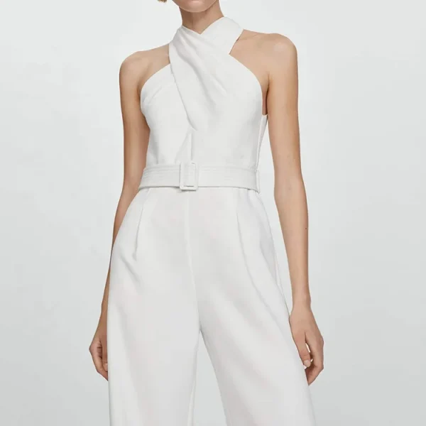 Summer High Quality Women Linen Clothing Sleeveless Halter White Casual Jumpsuit Belt Loose Straight Linen Cotton Bodysuits - Image 4