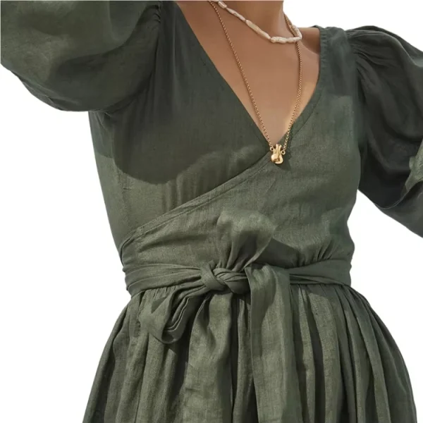 Casual Elegant Fashion Plain High Waist Deep V-Neck Half Sleeve Bandaged Women Long Linen Dress - Image 3